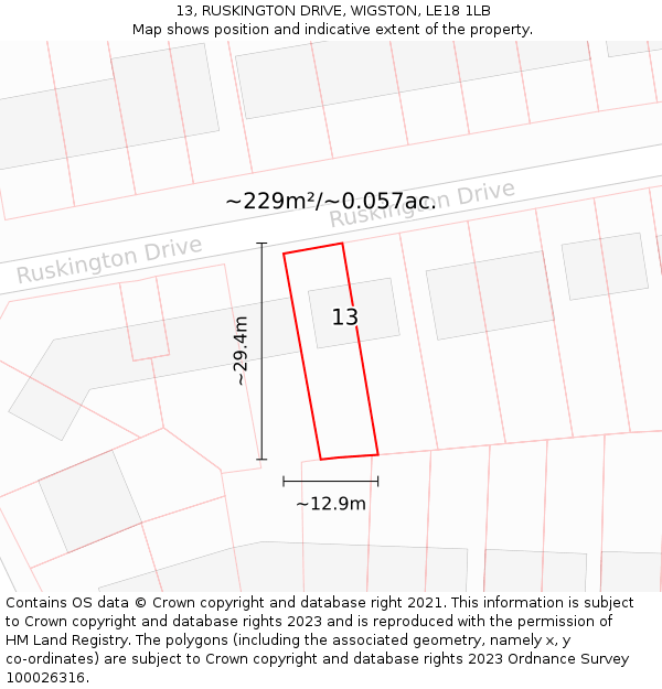 13, RUSKINGTON DRIVE, WIGSTON, LE18 1LB: Plot and title map