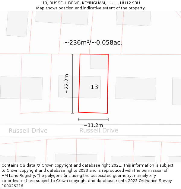 13, RUSSELL DRIVE, KEYINGHAM, HULL, HU12 9RU: Plot and title map