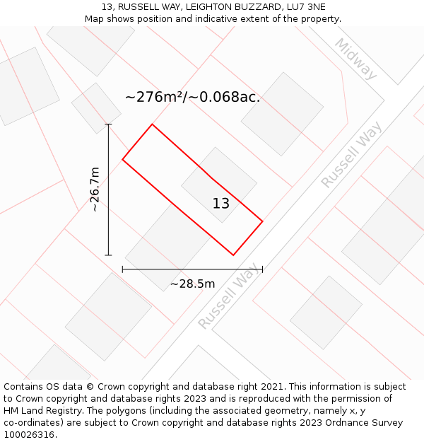 13, RUSSELL WAY, LEIGHTON BUZZARD, LU7 3NE: Plot and title map