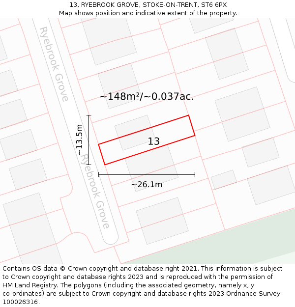 13, RYEBROOK GROVE, STOKE-ON-TRENT, ST6 6PX: Plot and title map