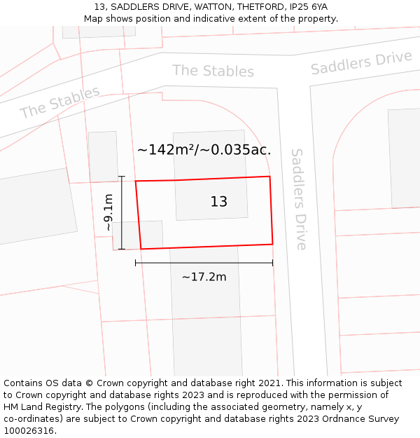 13, SADDLERS DRIVE, WATTON, THETFORD, IP25 6YA: Plot and title map