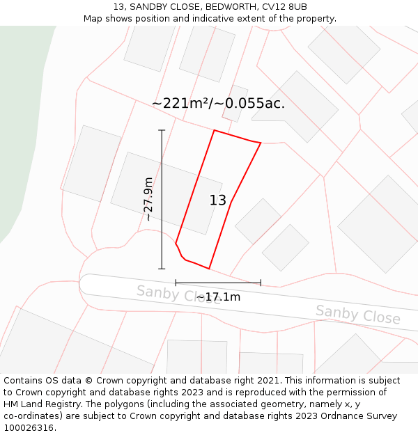 13, SANDBY CLOSE, BEDWORTH, CV12 8UB: Plot and title map