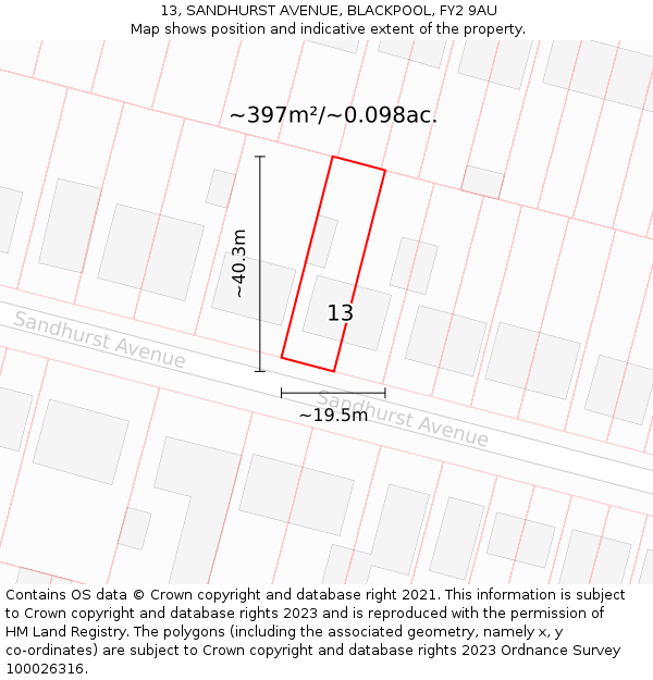 13, SANDHURST AVENUE, BLACKPOOL, FY2 9AU: Plot and title map