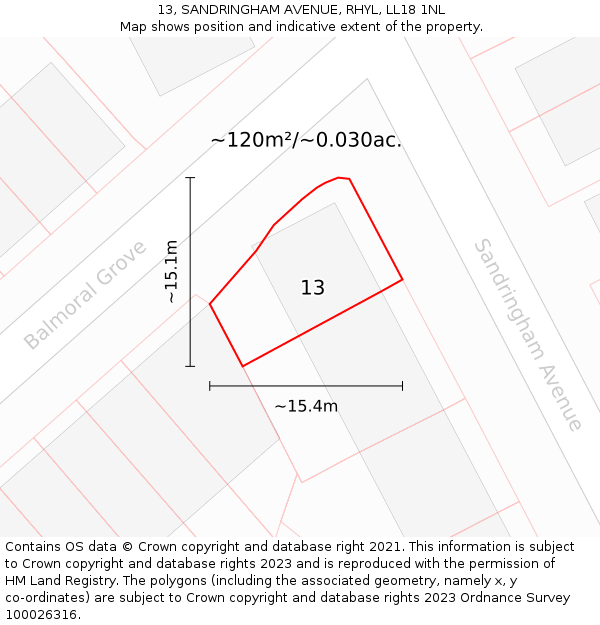 13, SANDRINGHAM AVENUE, RHYL, LL18 1NL: Plot and title map