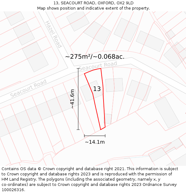 13, SEACOURT ROAD, OXFORD, OX2 9LD: Plot and title map