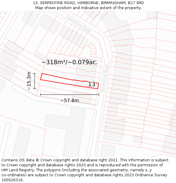 13, SERPENTINE ROAD, HARBORNE, BIRMINGHAM, B17 9RD: Plot and title map