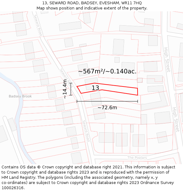 13, SEWARD ROAD, BADSEY, EVESHAM, WR11 7HQ: Plot and title map