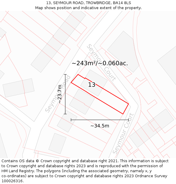 13, SEYMOUR ROAD, TROWBRIDGE, BA14 8LS: Plot and title map