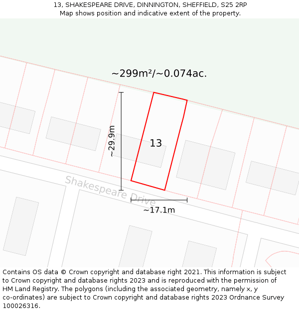 13, SHAKESPEARE DRIVE, DINNINGTON, SHEFFIELD, S25 2RP: Plot and title map