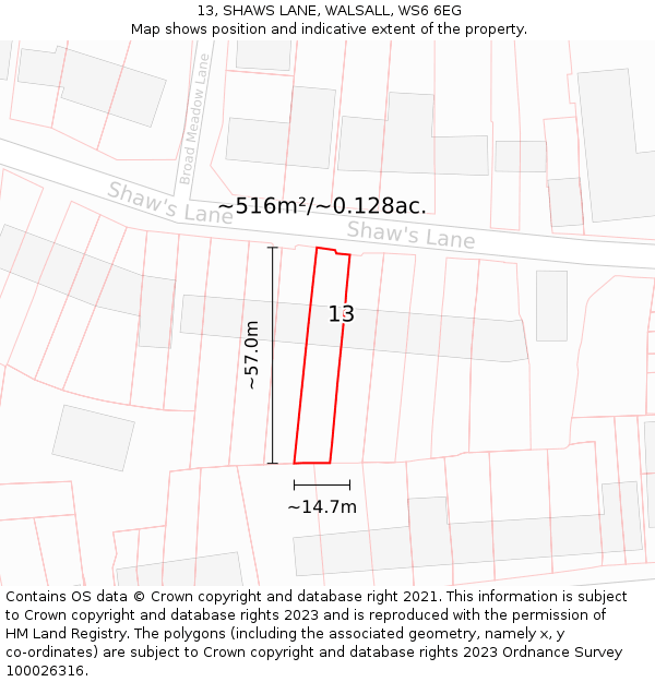 13, SHAWS LANE, WALSALL, WS6 6EG: Plot and title map