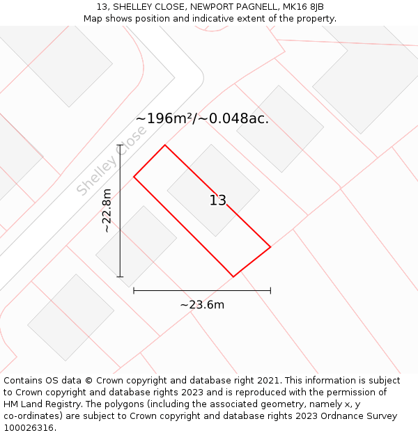 13, SHELLEY CLOSE, NEWPORT PAGNELL, MK16 8JB: Plot and title map