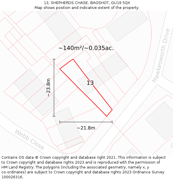 13, SHEPHERDS CHASE, BAGSHOT, GU19 5QX: Plot and title map