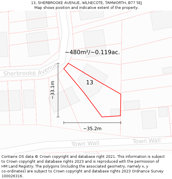 13, SHERBROOKE AVENUE, WILNECOTE, TAMWORTH, B77 5EJ: Plot and title map