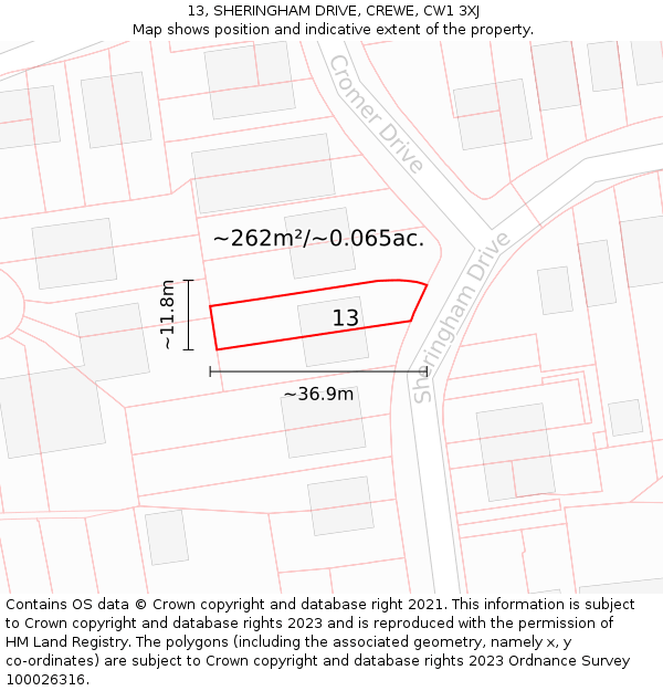 13, SHERINGHAM DRIVE, CREWE, CW1 3XJ: Plot and title map