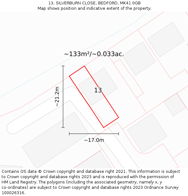 13, SILVERBURN CLOSE, BEDFORD, MK41 0GB: Plot and title map