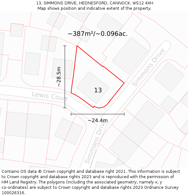 13, SIMMONS DRIVE, HEDNESFORD, CANNOCK, WS12 4XH: Plot and title map