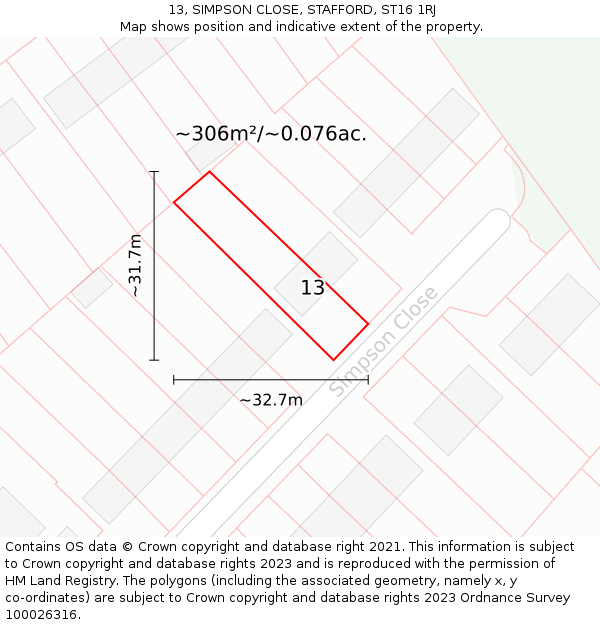 13, SIMPSON CLOSE, STAFFORD, ST16 1RJ: Plot and title map