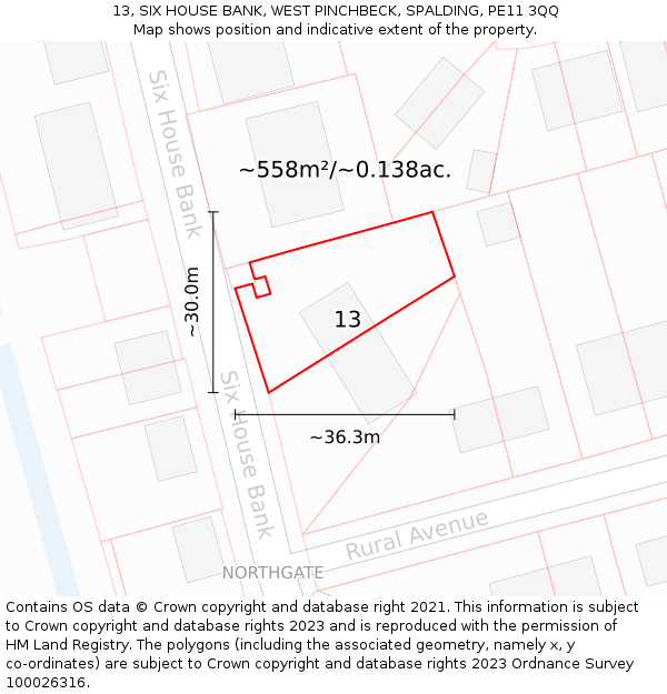 13, SIX HOUSE BANK, WEST PINCHBECK, SPALDING, PE11 3QQ: Plot and title map