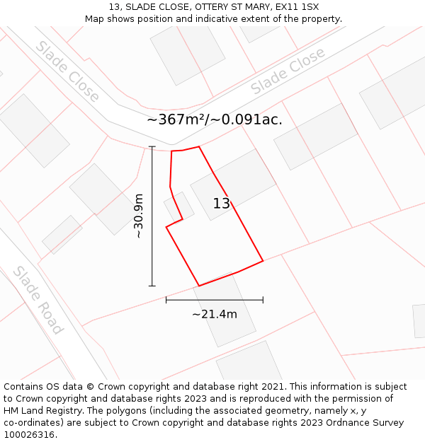 13, SLADE CLOSE, OTTERY ST MARY, EX11 1SX: Plot and title map