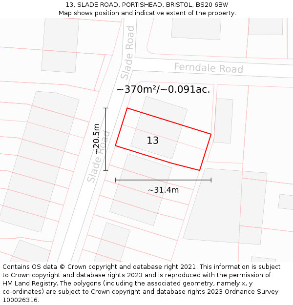 13, SLADE ROAD, PORTISHEAD, BRISTOL, BS20 6BW: Plot and title map