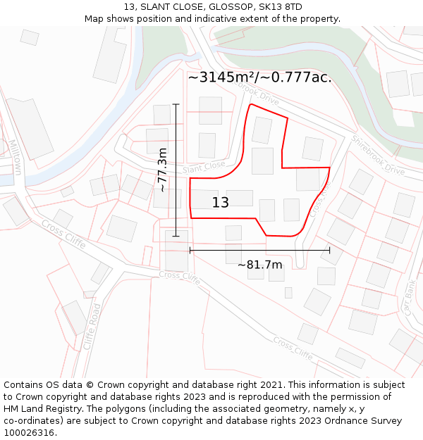 13, SLANT CLOSE, GLOSSOP, SK13 8TD: Plot and title map