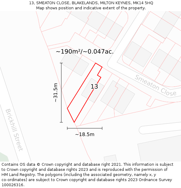 13, SMEATON CLOSE, BLAKELANDS, MILTON KEYNES, MK14 5HQ: Plot and title map