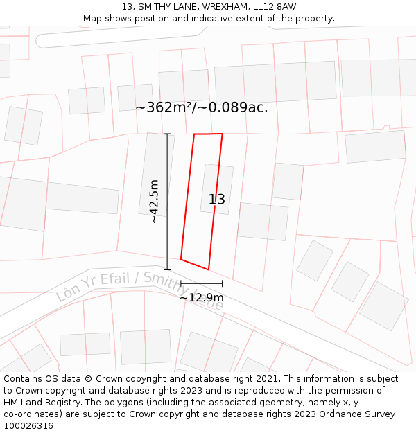 13, SMITHY LANE, WREXHAM, LL12 8AW: Plot and title map