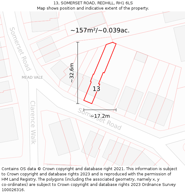 13, SOMERSET ROAD, REDHILL, RH1 6LS: Plot and title map