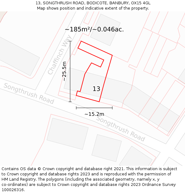 13, SONGTHRUSH ROAD, BODICOTE, BANBURY, OX15 4GL: Plot and title map