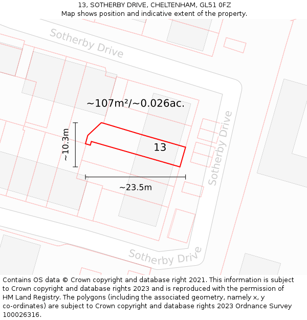 13, SOTHERBY DRIVE, CHELTENHAM, GL51 0FZ: Plot and title map