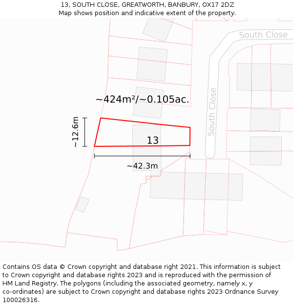 13, SOUTH CLOSE, GREATWORTH, BANBURY, OX17 2DZ: Plot and title map