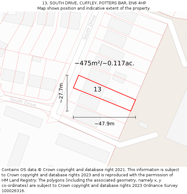 13, SOUTH DRIVE, CUFFLEY, POTTERS BAR, EN6 4HP: Plot and title map