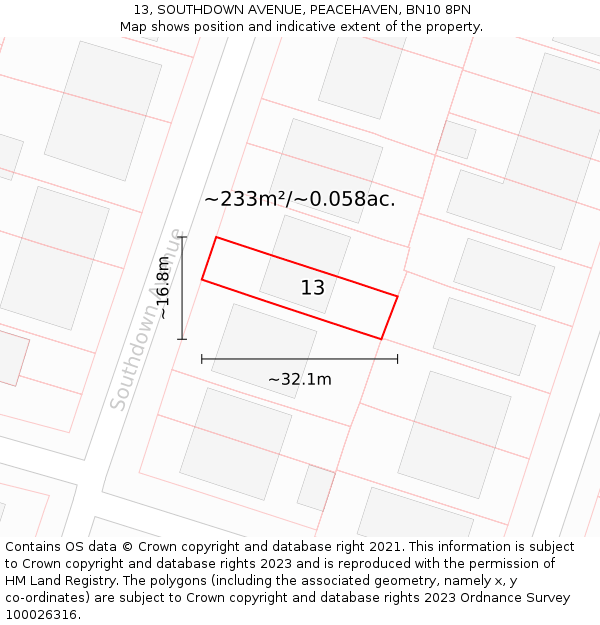 13, SOUTHDOWN AVENUE, PEACEHAVEN, BN10 8PN: Plot and title map