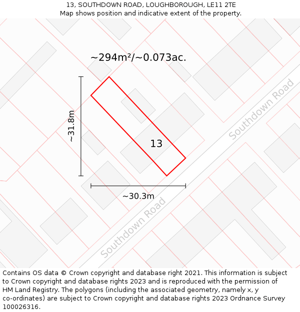 13, SOUTHDOWN ROAD, LOUGHBOROUGH, LE11 2TE: Plot and title map