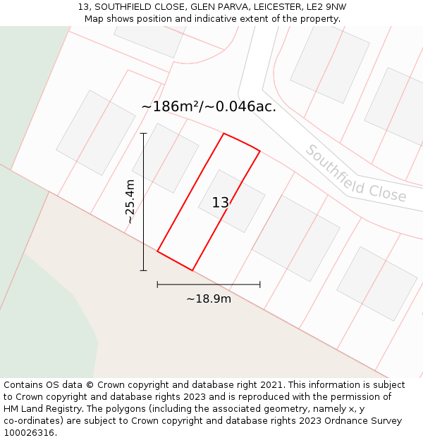 13, SOUTHFIELD CLOSE, GLEN PARVA, LEICESTER, LE2 9NW: Plot and title map