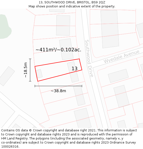 13, SOUTHWOOD DRIVE, BRISTOL, BS9 2QZ: Plot and title map