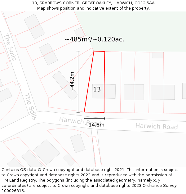 13, SPARROWS CORNER, GREAT OAKLEY, HARWICH, CO12 5AA: Plot and title map