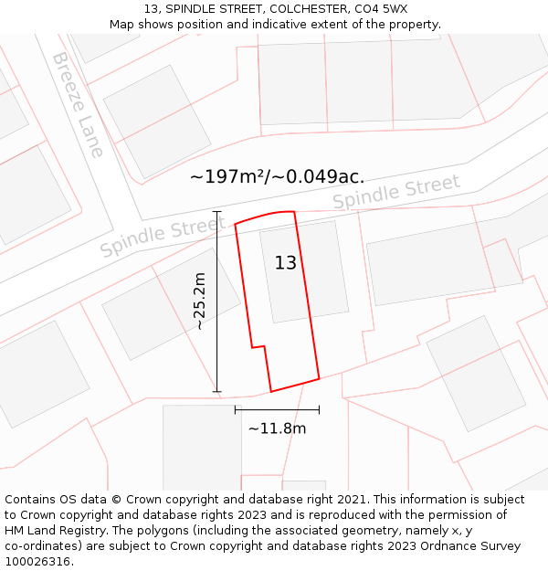 13, SPINDLE STREET, COLCHESTER, CO4 5WX: Plot and title map