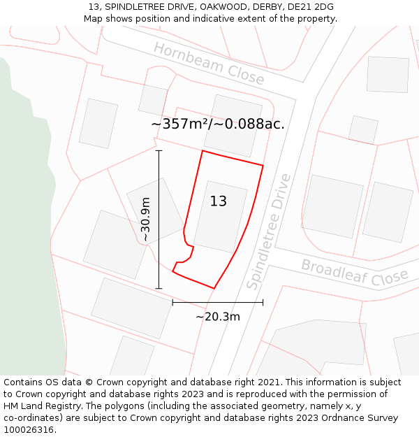 13, SPINDLETREE DRIVE, OAKWOOD, DERBY, DE21 2DG: Plot and title map