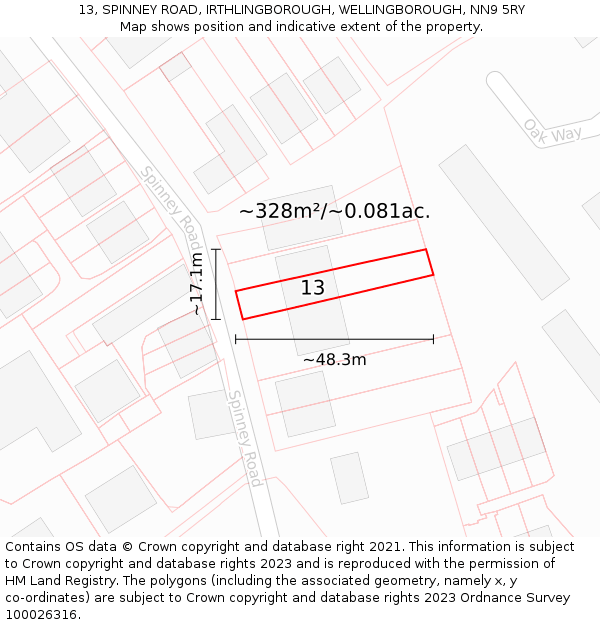 13, SPINNEY ROAD, IRTHLINGBOROUGH, WELLINGBOROUGH, NN9 5RY: Plot and title map