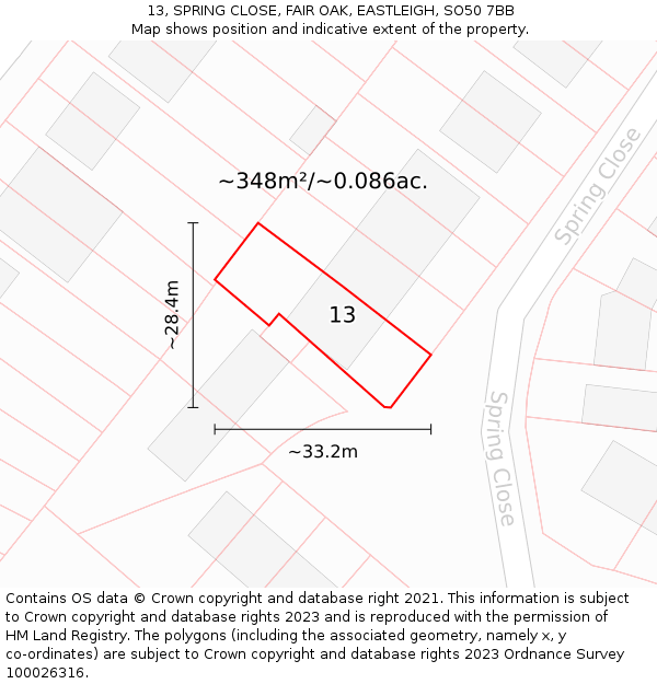 13, SPRING CLOSE, FAIR OAK, EASTLEIGH, SO50 7BB: Plot and title map