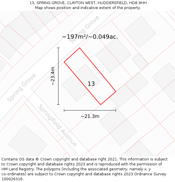 13, SPRING GROVE, CLAYTON WEST, HUDDERSFIELD, HD8 9HH: Plot and title map