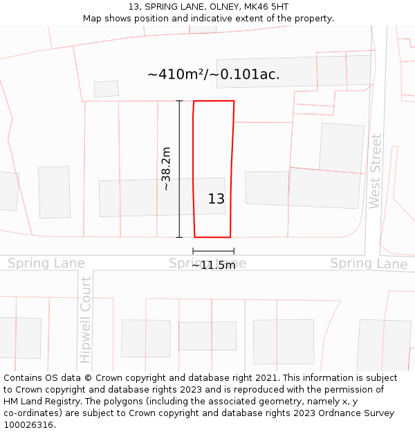 13, SPRING LANE, OLNEY, MK46 5HT: Plot and title map