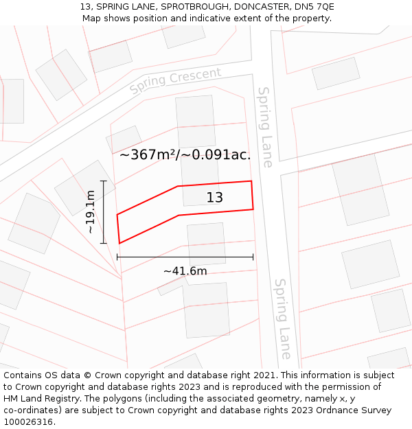 13, SPRING LANE, SPROTBROUGH, DONCASTER, DN5 7QE: Plot and title map