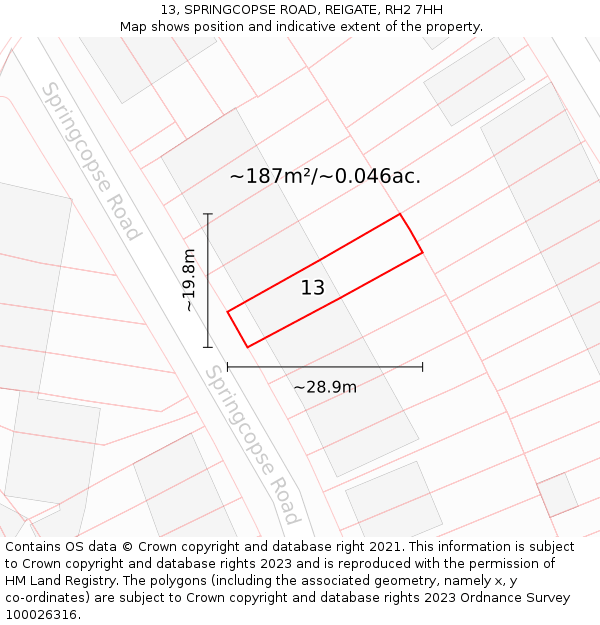 13, SPRINGCOPSE ROAD, REIGATE, RH2 7HH: Plot and title map