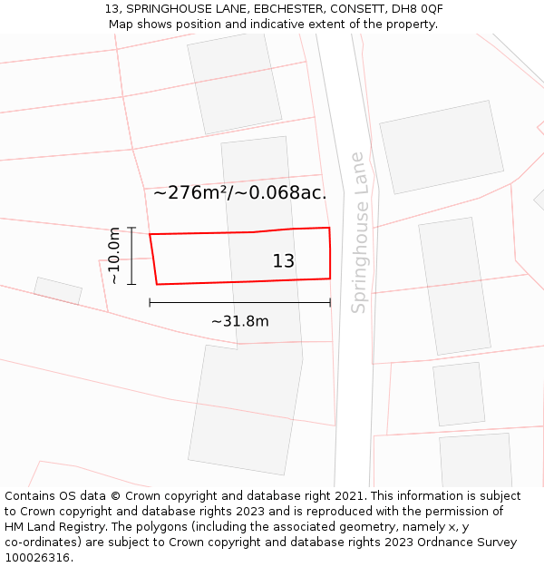 13, SPRINGHOUSE LANE, EBCHESTER, CONSETT, DH8 0QF: Plot and title map