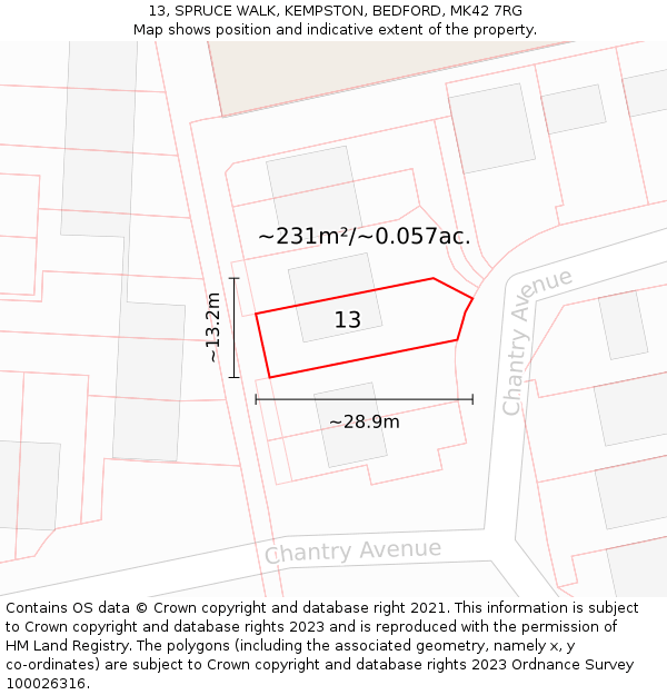 13, SPRUCE WALK, KEMPSTON, BEDFORD, MK42 7RG: Plot and title map