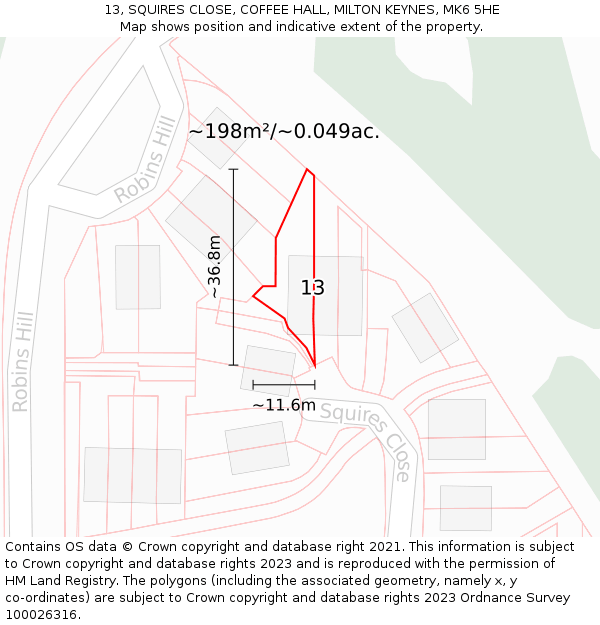 13, SQUIRES CLOSE, COFFEE HALL, MILTON KEYNES, MK6 5HE: Plot and title map