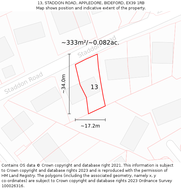 13, STADDON ROAD, APPLEDORE, BIDEFORD, EX39 1RB: Plot and title map