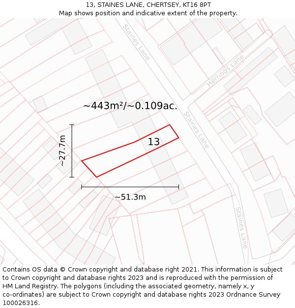 13, STAINES LANE, CHERTSEY, KT16 8PT: Plot and title map